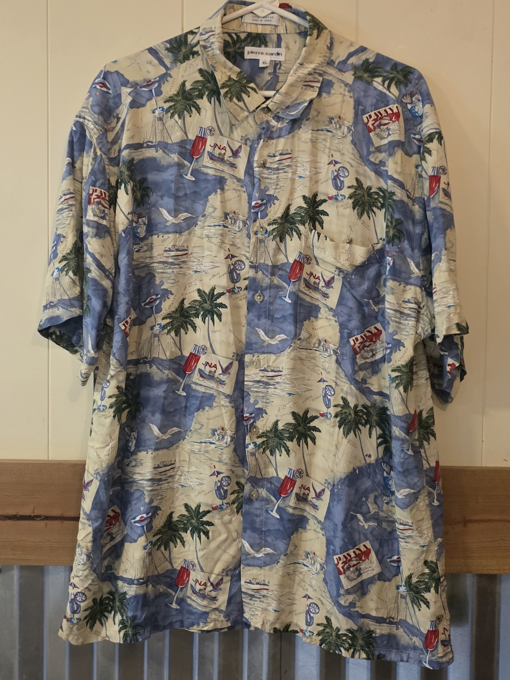 Pierre Cardin Blue and Cream Tropical Print Short-Sleeve Shirt